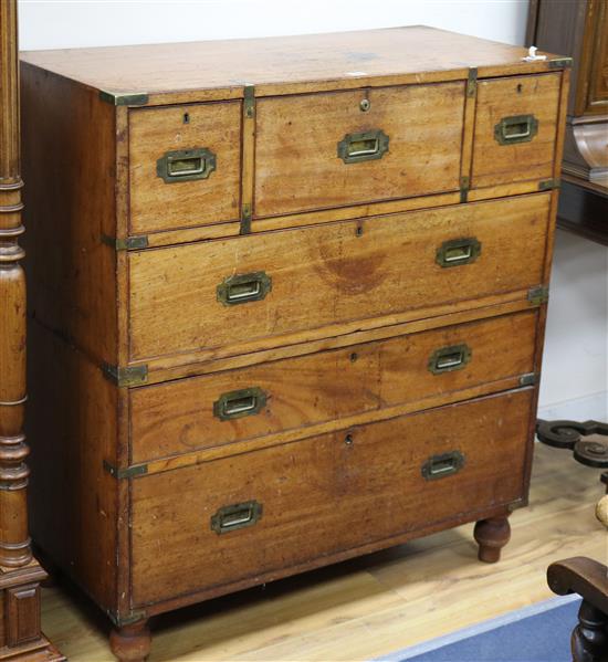 A Victorian teak secretaire campaign chest W.99cm.